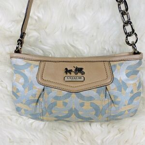 Coach Signature Print Blue and Tan Canvas Wristlet